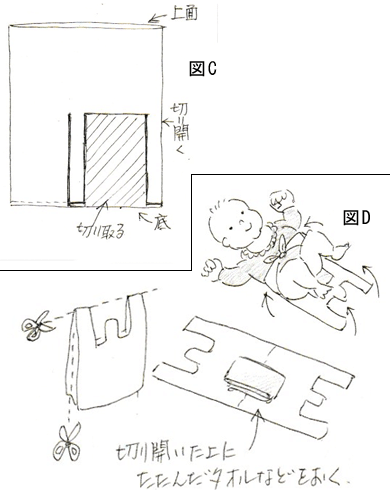 ポリ袋でカッパ、おむつを作る